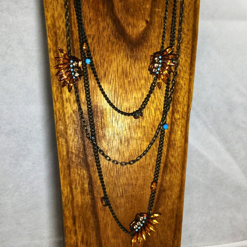 Triple wrap dark chain Amber turquoise necklace - Picture 3 of 5